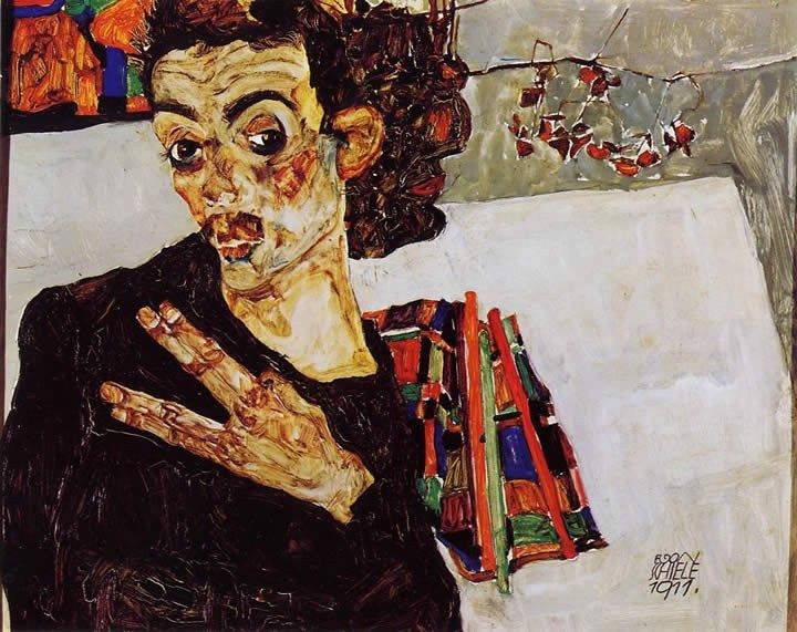 Egon Schiele Self Portrait with Black Vase and Spread Fingers